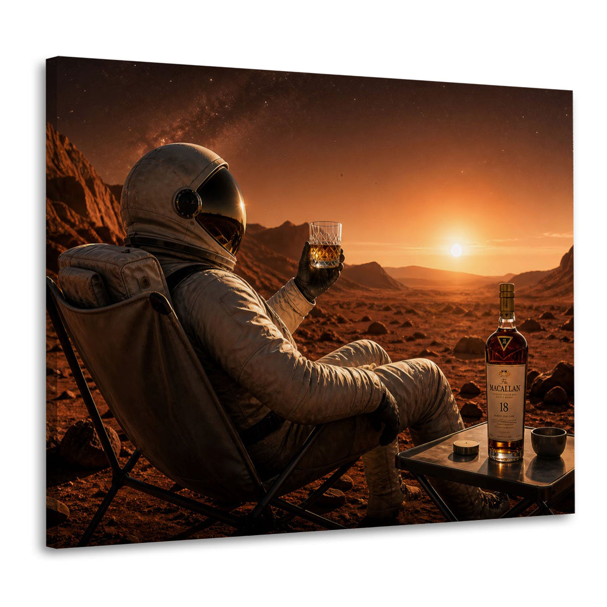 Astronaut mit Drink im Liegestuhl auf dem Mars Wandbild im Querformat