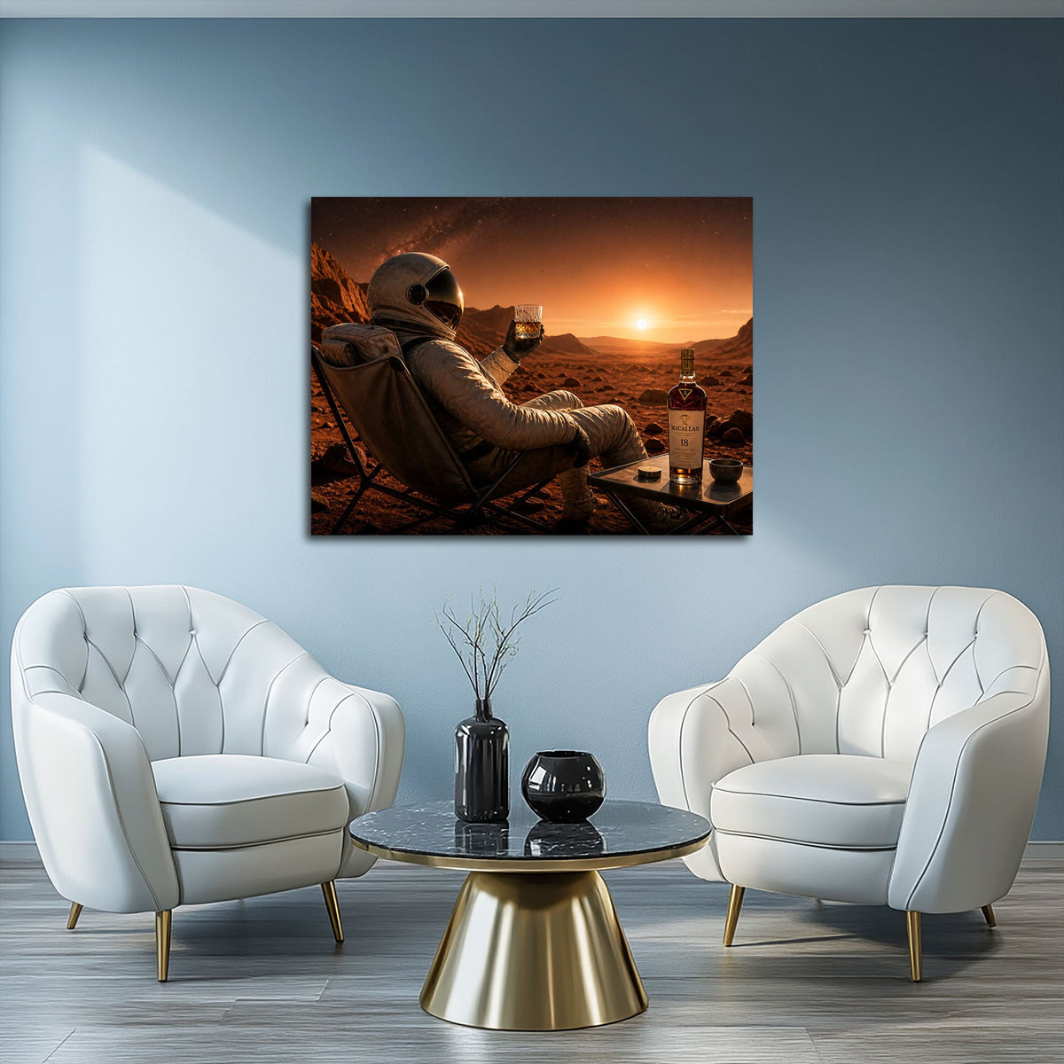 Astronauten Wandbild im Weltraum Motiv über einem Sofa im Wohnraum