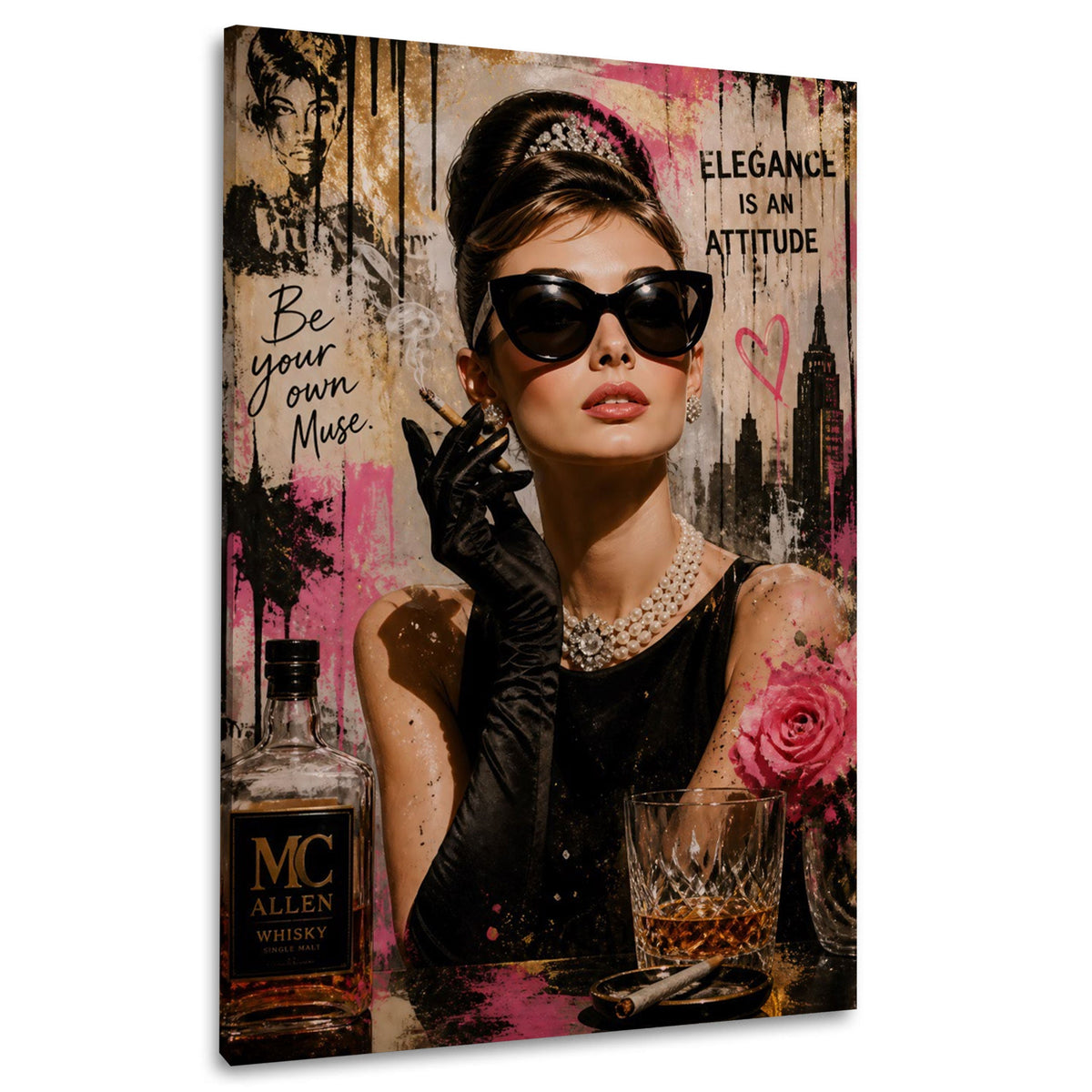 Audrey mit Sonnenbrille und Perlenkette Street Art Wandbild