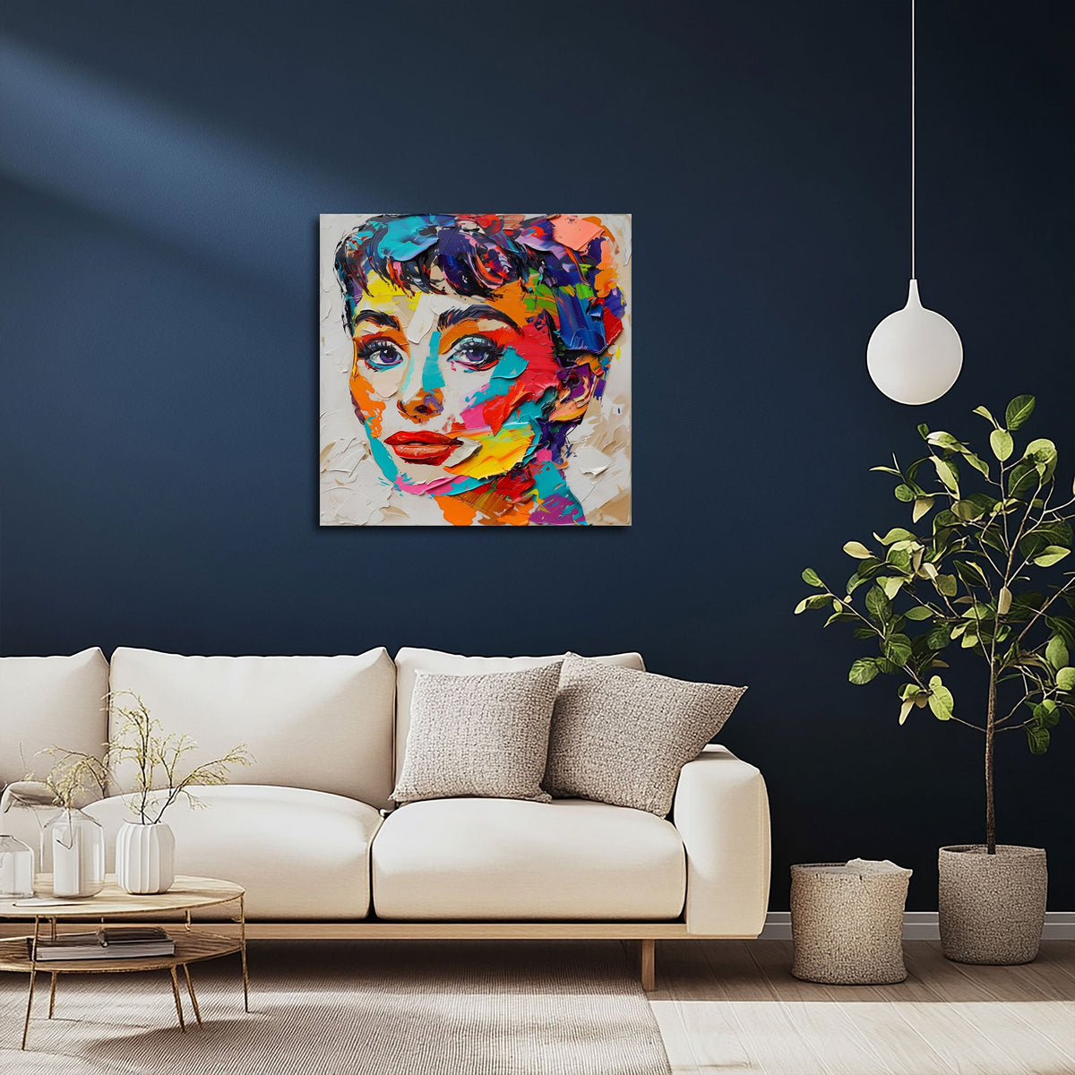 Quadratisches Porträt Wandbild in kräftigen Farben an einer Wohnraumwand