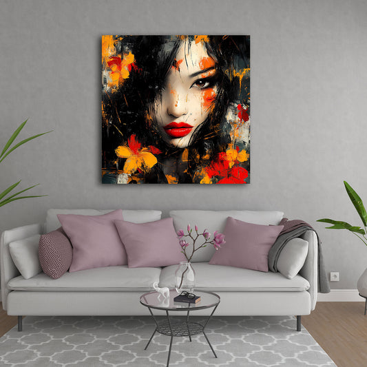 Porträt Frau asiatisch Blüten rot orange Wandbild