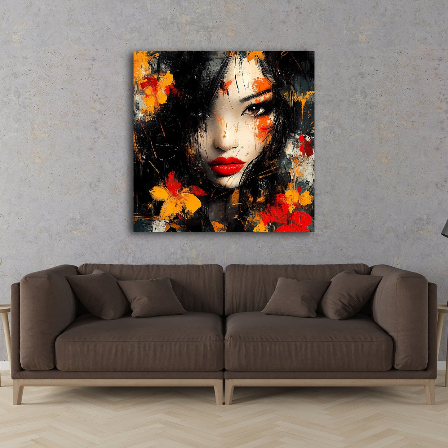 Porträt Frau asiatisch Blüten rot orange Wandbild