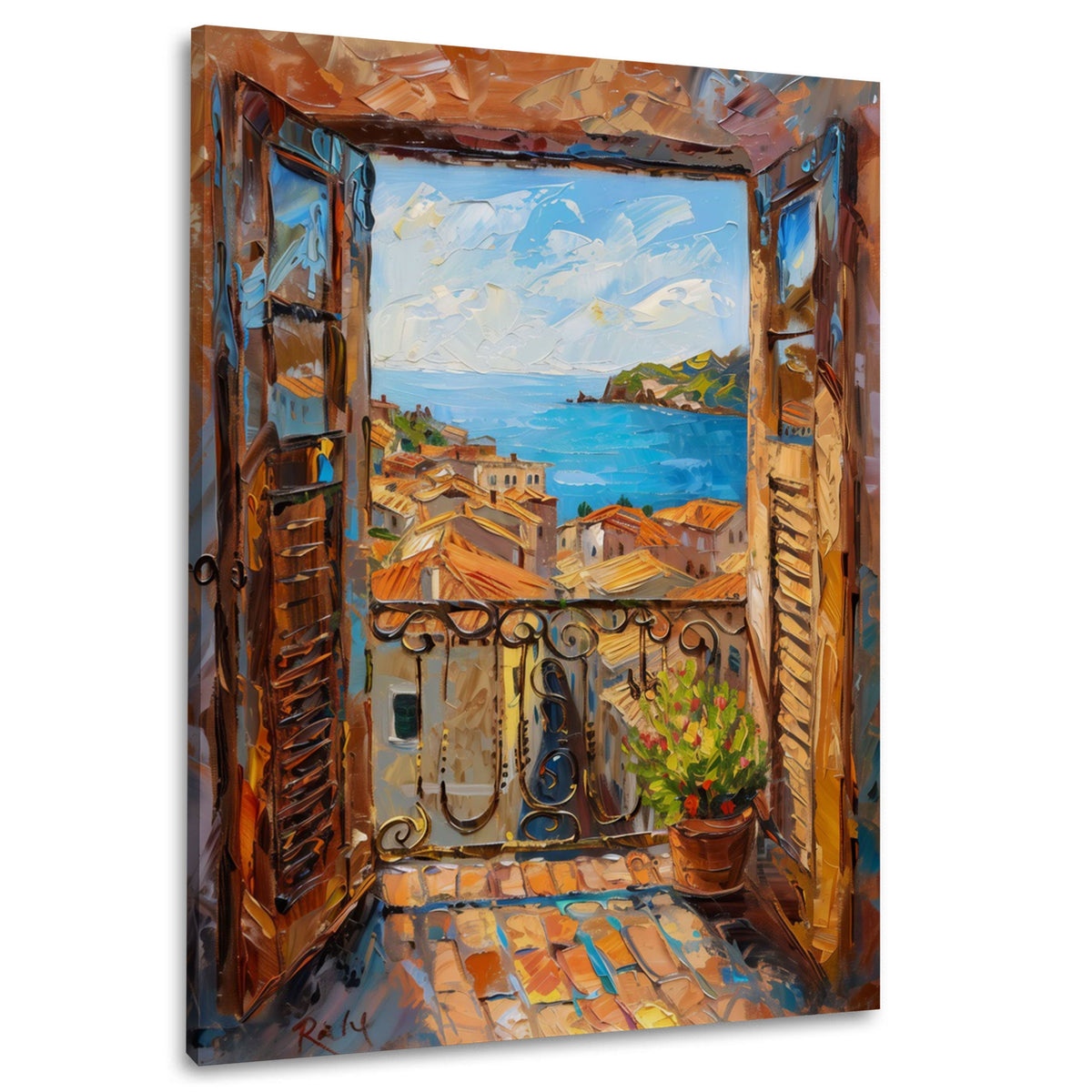 Balkon mit Blick auf Meer und mediterrane Dächer – Wandbild