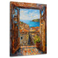 Balkon mit Blick auf Meer und mediterrane Dächer Wandbild im Hochformat