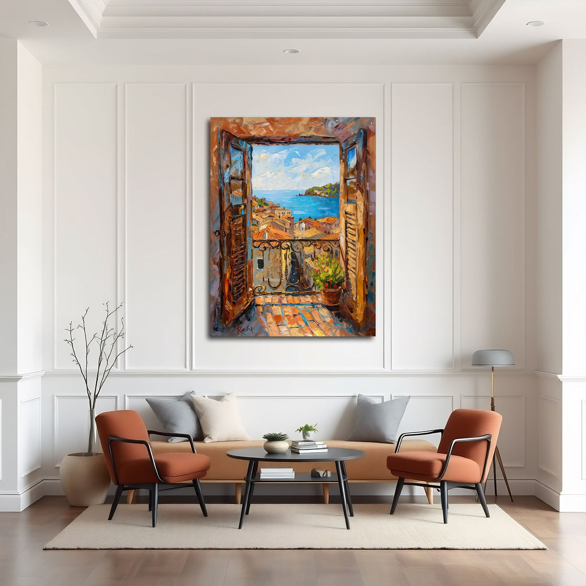 Mediterranes Balkon Wandbild mit Meerblick über einem Sofa im Wohnraum
