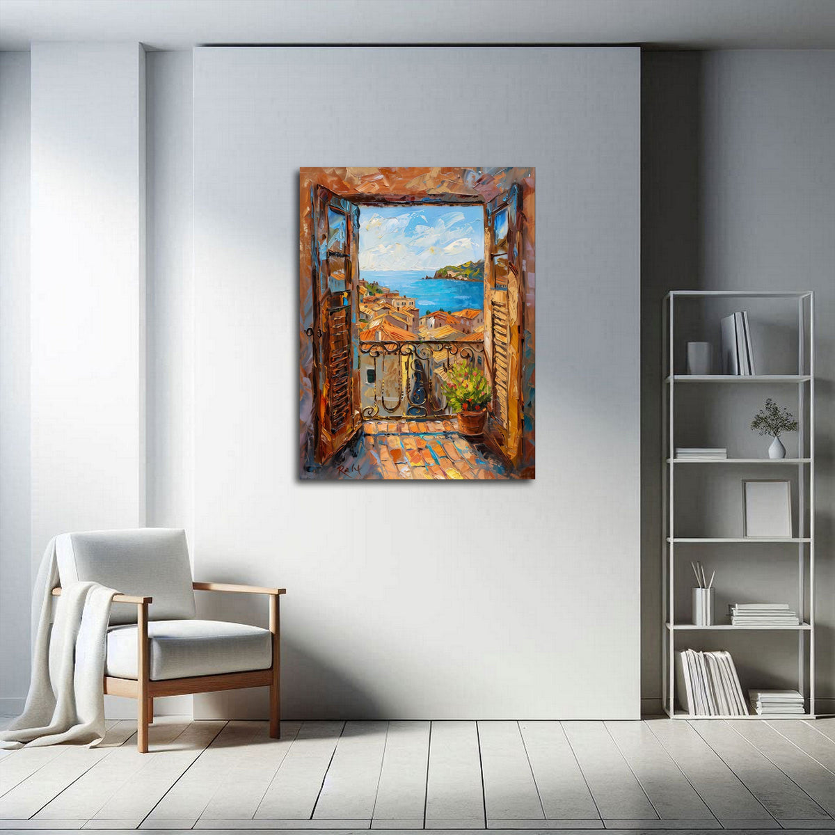 Wandbild mit Balkon und Meerblick im Hochformat an einer Wohnraumwand