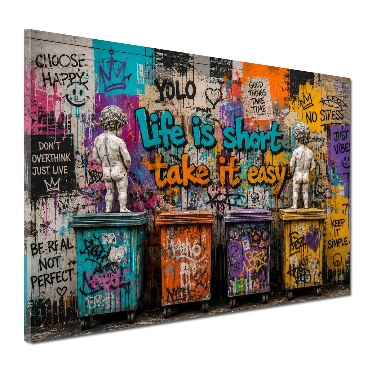 Banksy Street Art Wandbild mit Putten und YOLO Schriftzug im Querformat