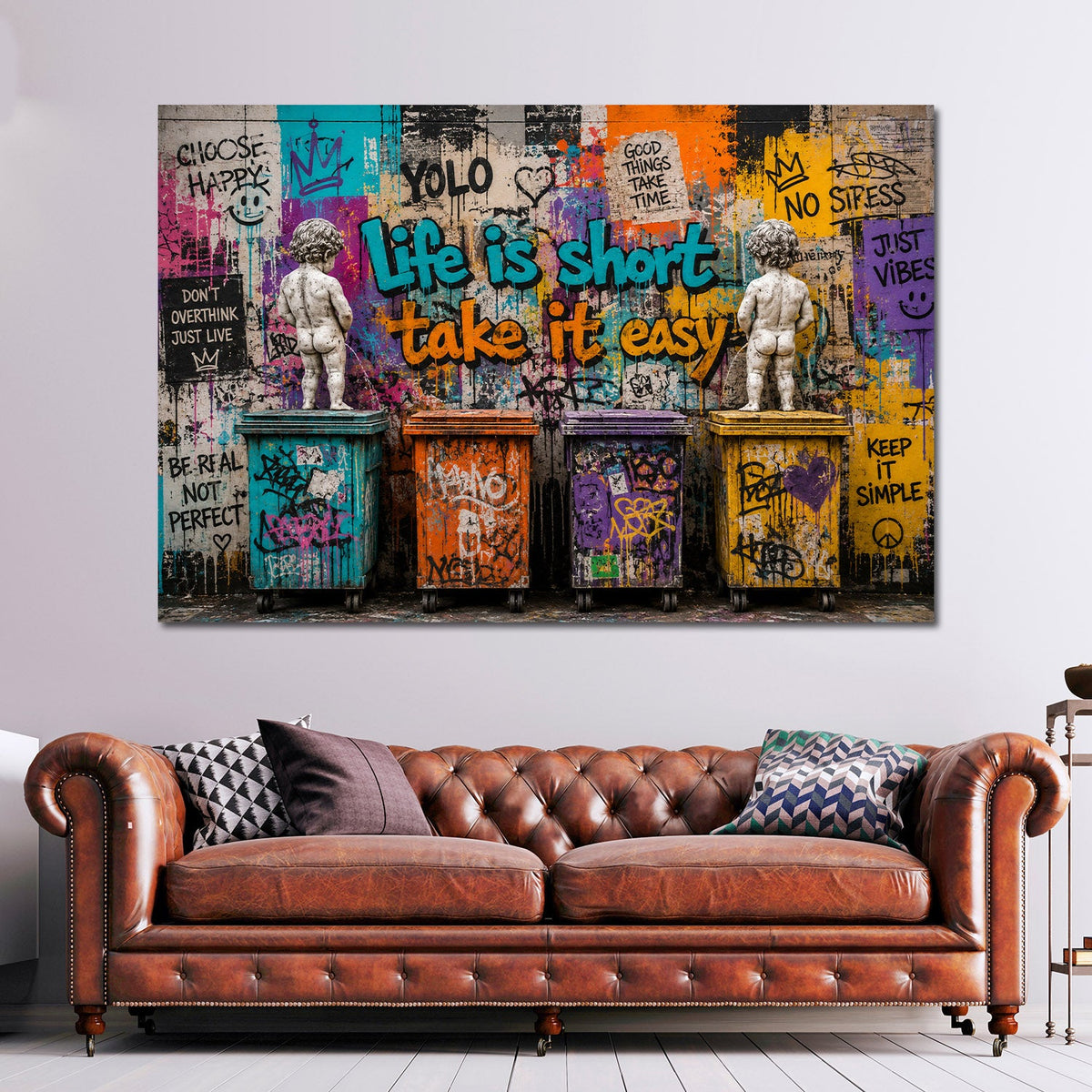 Buntes Street Art Wandbild im Querformat an einer Wohnraumwand