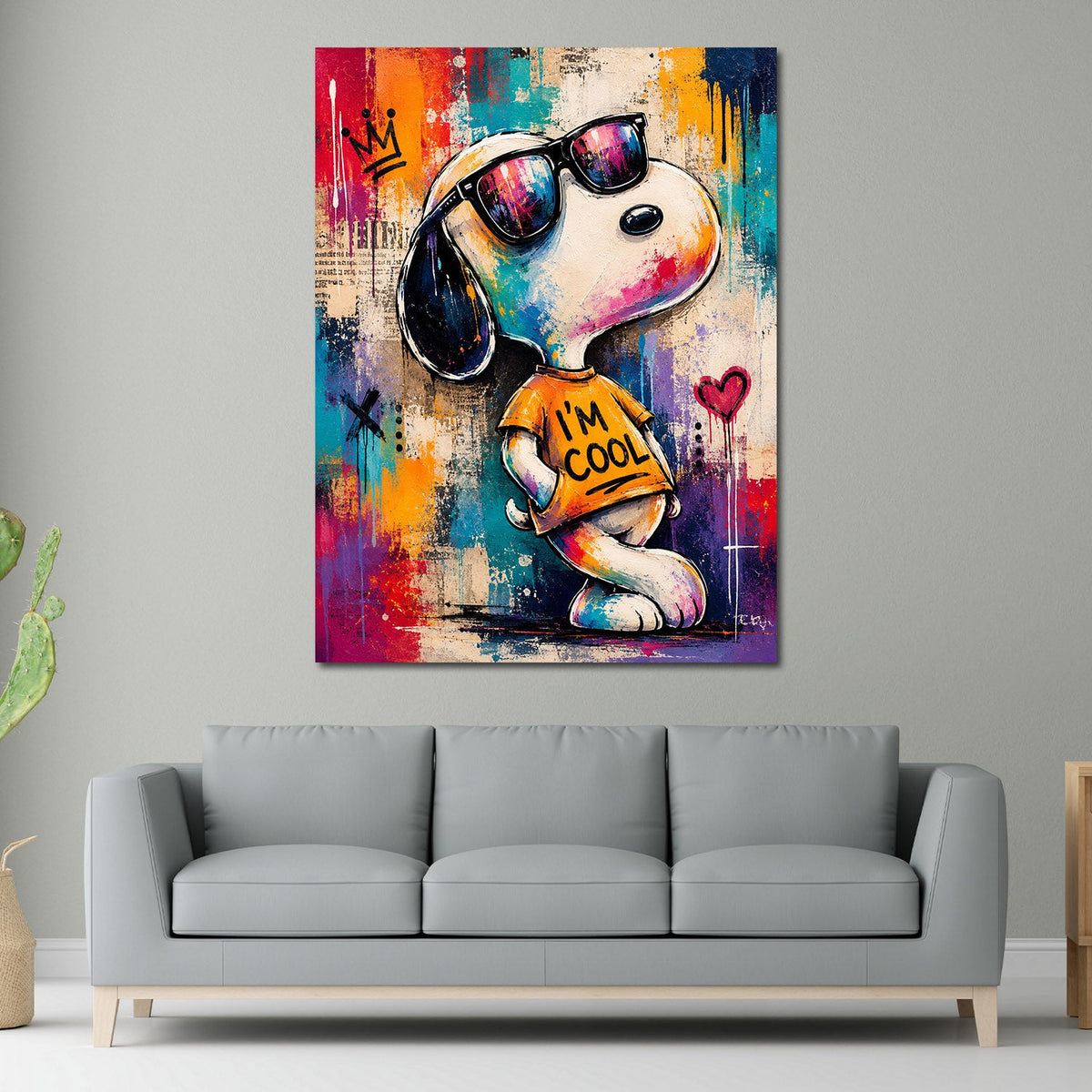 Buntes Comic Beagle Wandbild über einem Sofa im Wohnraum