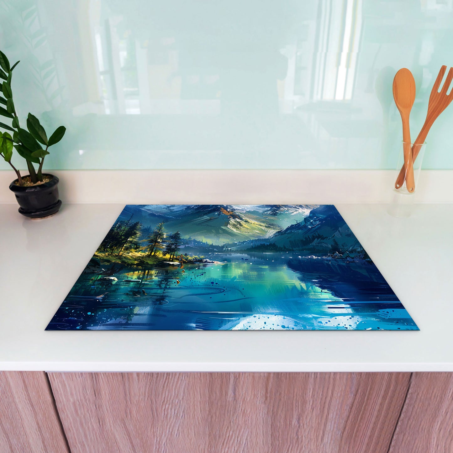 Berglandschaft mit See Herdabdeckplatte Induktionsschutz für Ceranfeld & Küche Deko