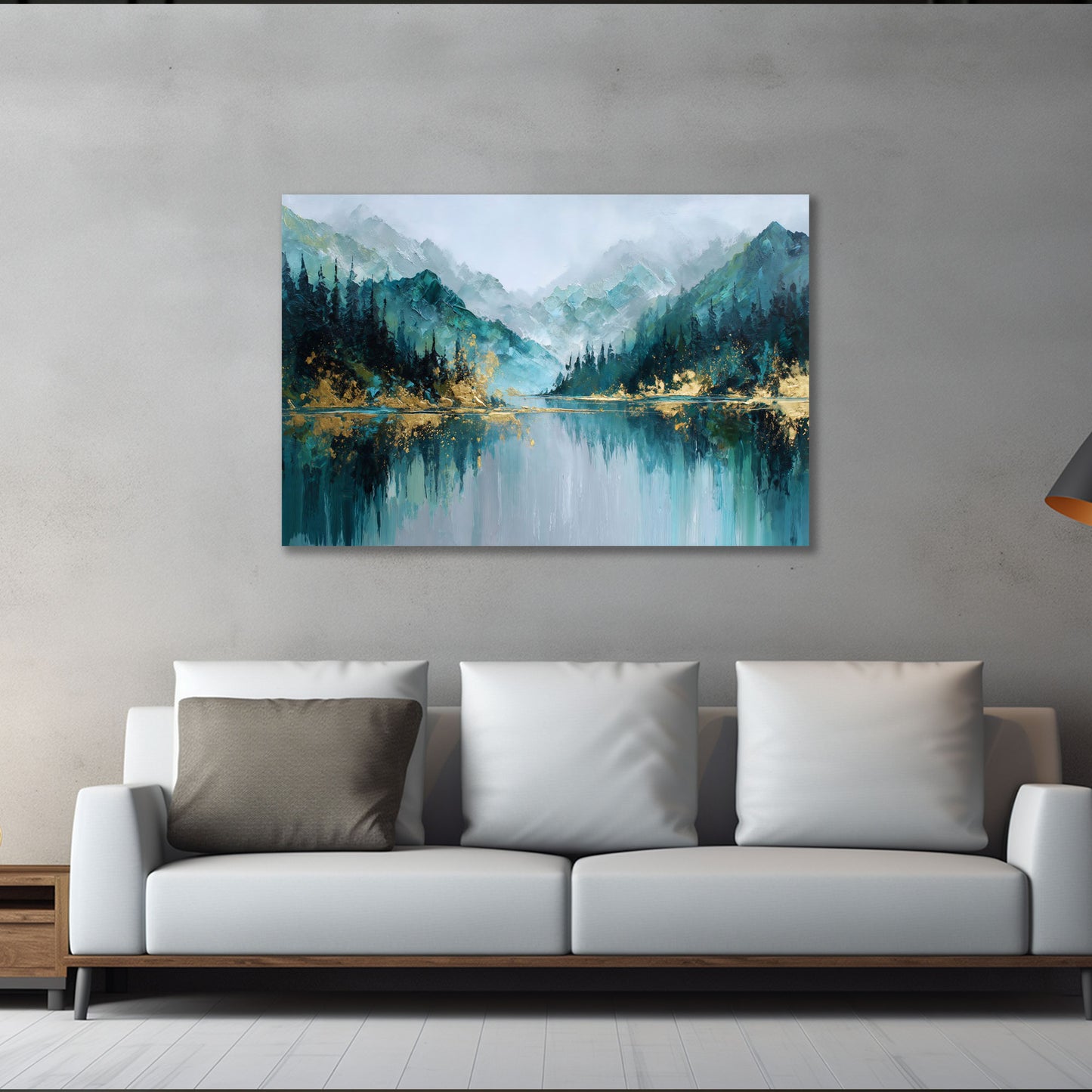 Berglandschaft See abstrakt Natur blau goldene Akzente Wandbild