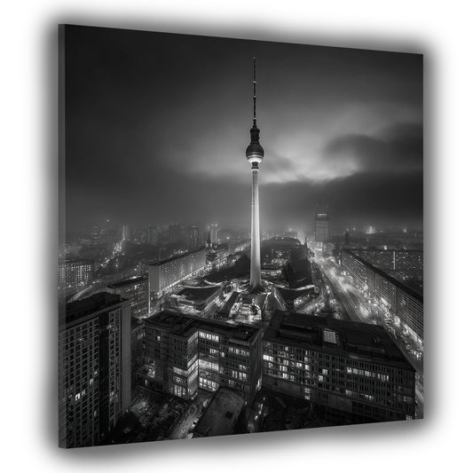 Berliner Fernsehturm schwarz weiß Skyline Nachtaufnahme Wandbild
