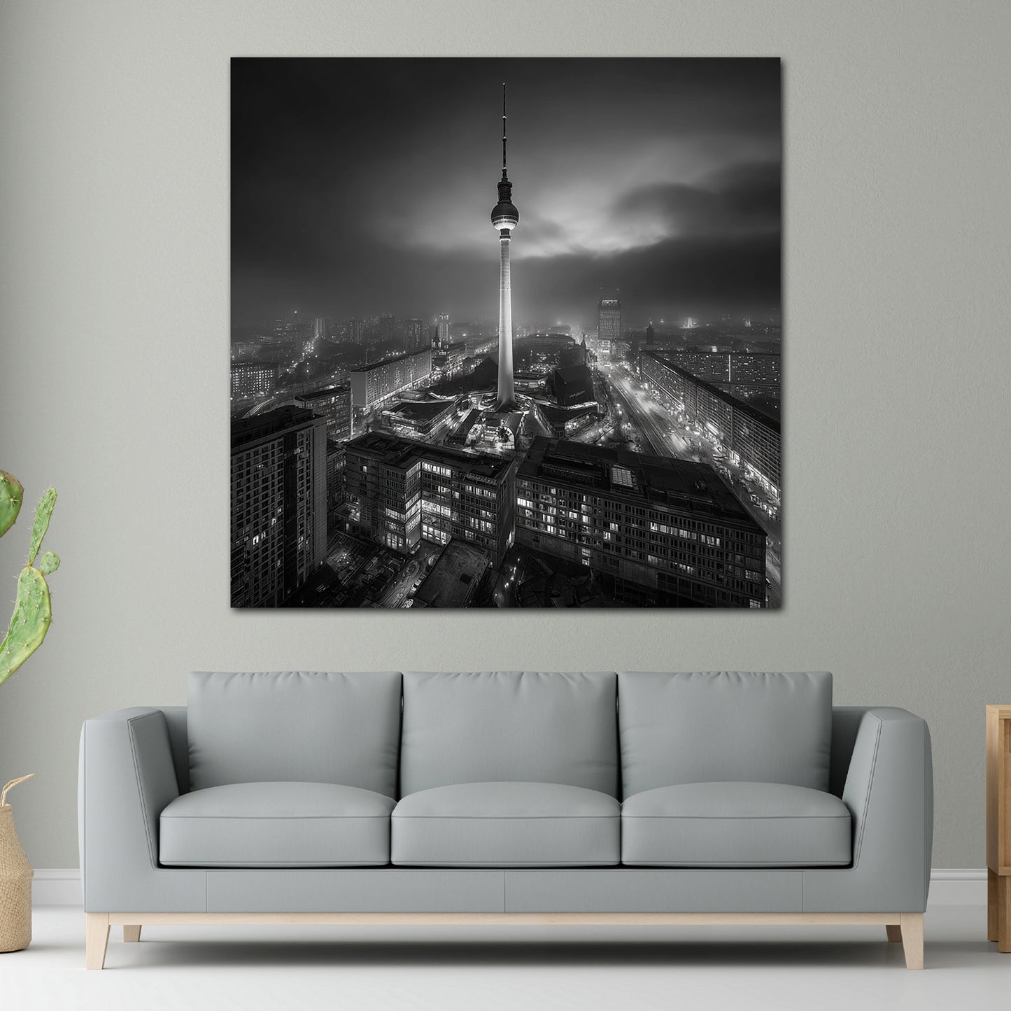 Berliner Fernsehturm schwarz weiß Skyline Nachtaufnahme Wandbild