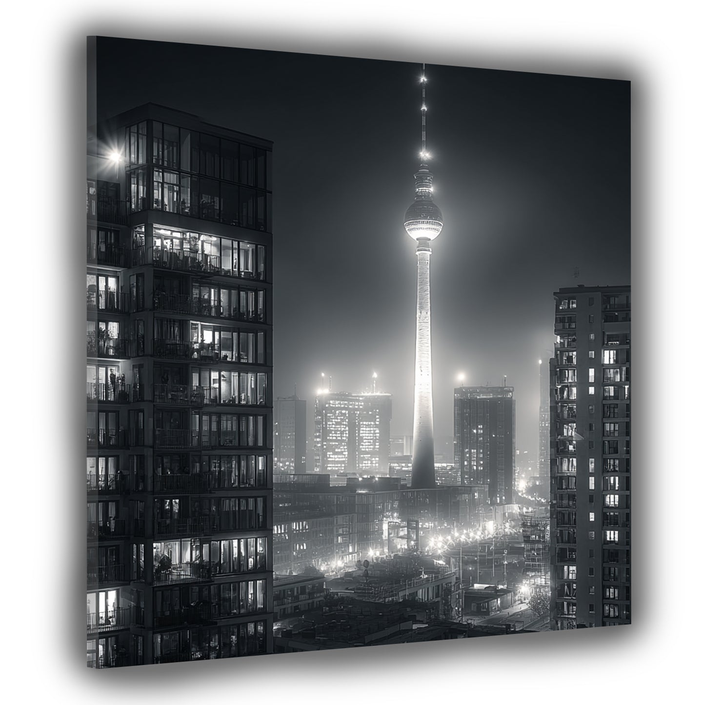 Berliner Fernsehturm schwarz weiß Stadtbild bei Nacht Wandbild