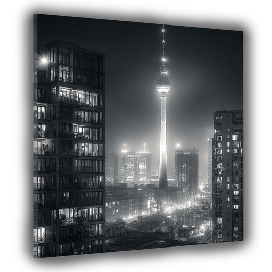 Berliner Fernsehturm schwarz weiß Stadtbild bei Nacht Wandbild