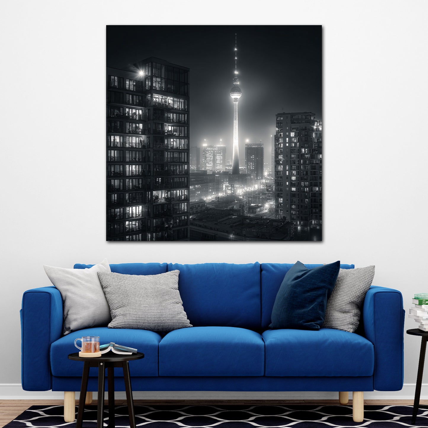 Berliner Fernsehturm schwarz weiß Stadtbild bei Nacht Wandbild