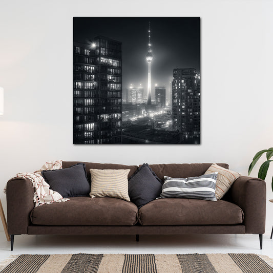 Berliner Fernsehturm schwarz weiß Stadtbild bei Nacht Wandbild