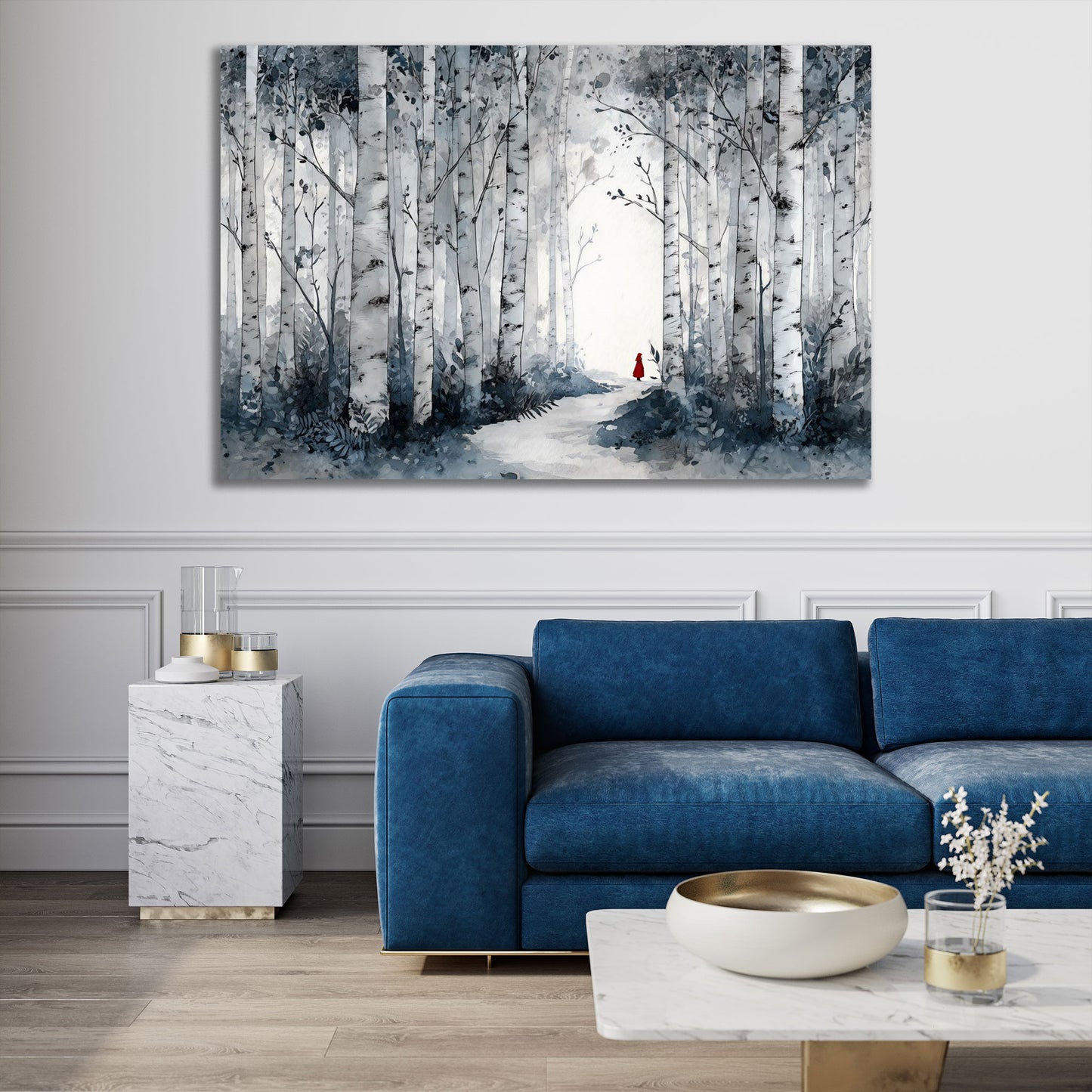 Birkenwald Landschaft Waldweg mit roter Figur Natur Wandbild