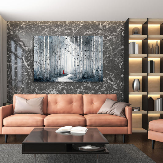 Birkenwald Landschaft Weg im Wald roter Mantel Figur Natur Wandbild
