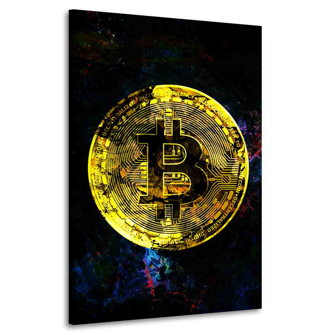 Bitcoin Goldmünze vor dunkelblauem Hintergrund Wandbild im Hochformat auf Leinwand