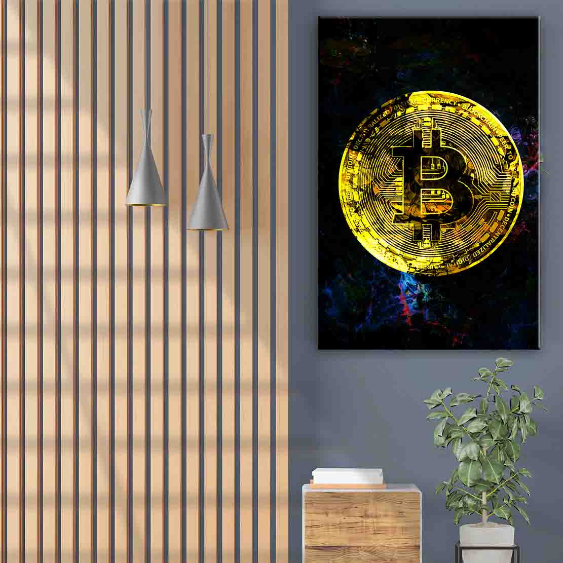 Bitcoin Goldmünze Wandbild im modernen Wohnzimmer