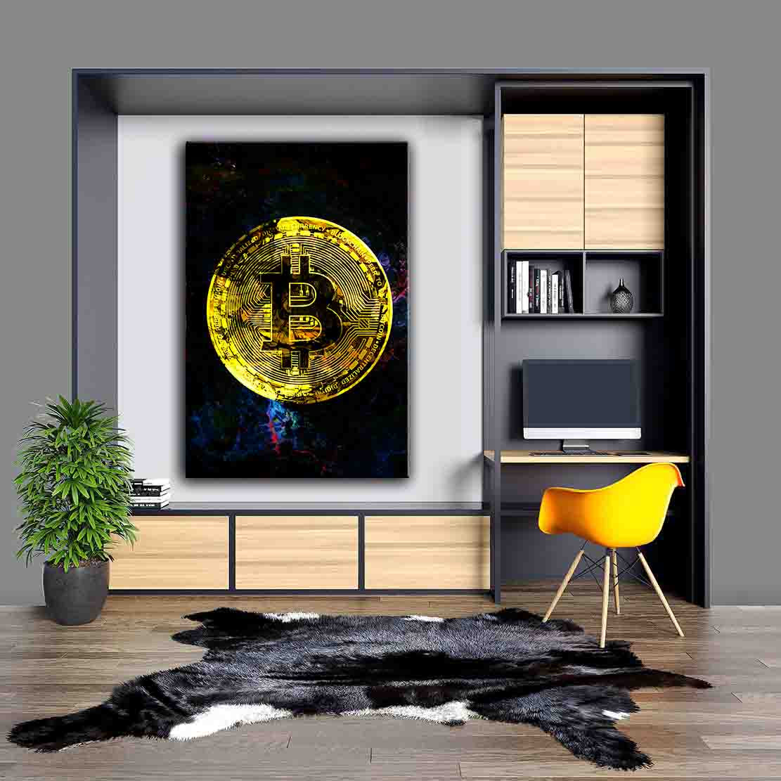 Bitcoin Krypto Wandbild über dem Schreibtisch im Büro