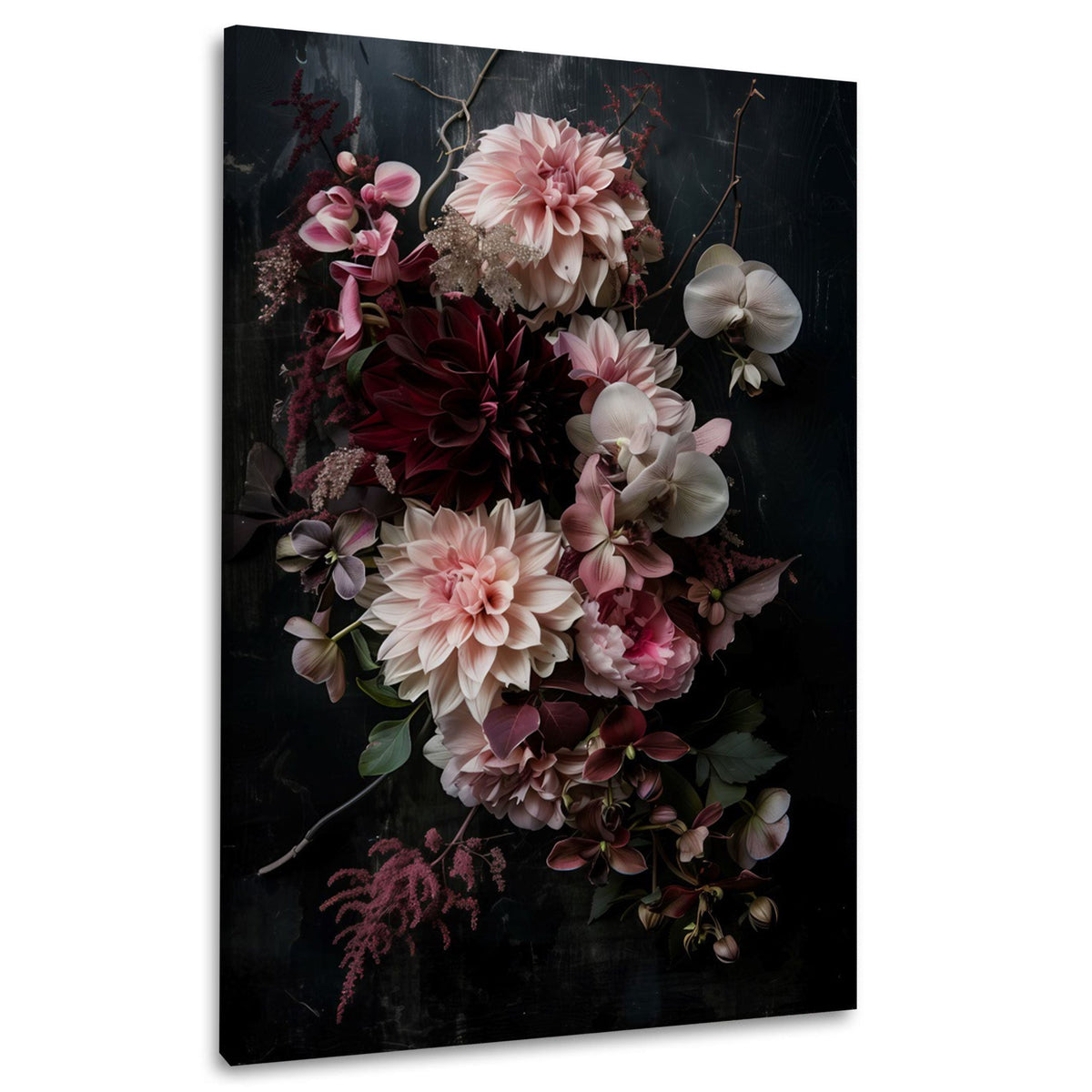 Blumenstrauß mit rosa Dahlien vor dunklem Grund Wandbild