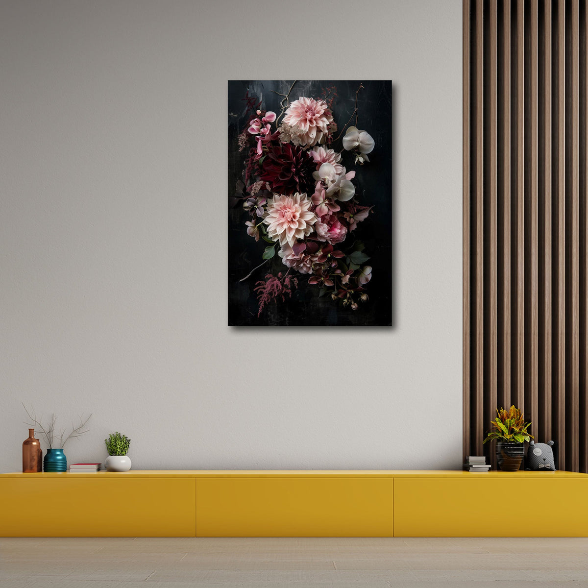 Blumenstrauß mit rosa Dahlien vor dunklem Grund Wandbild