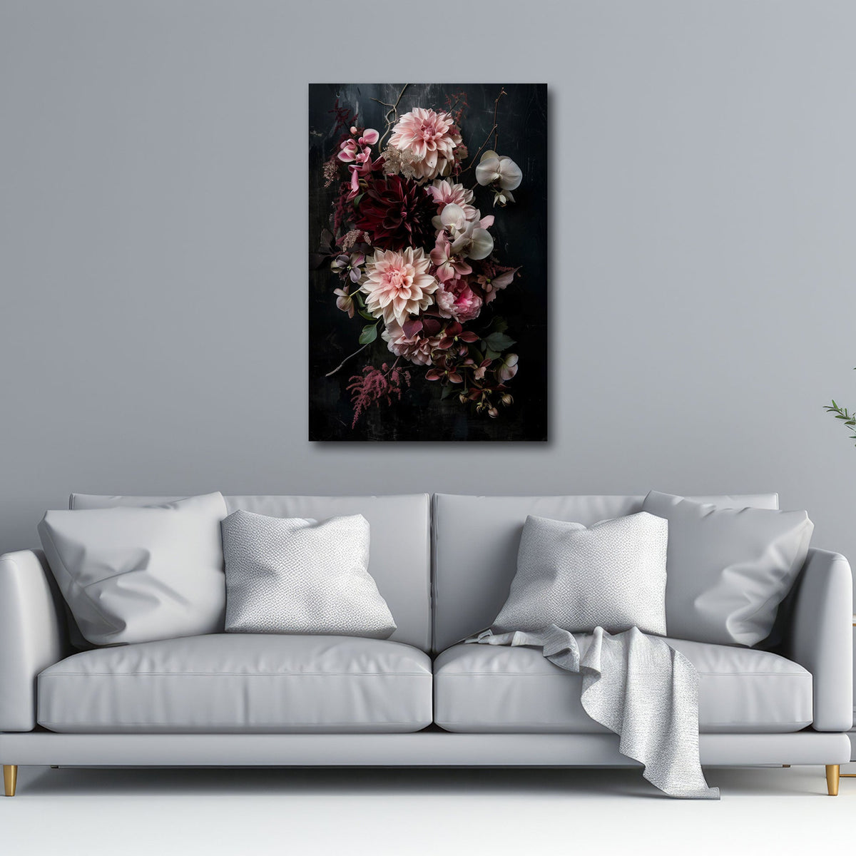 Blumenstrauß mit rosa Dahlien vor dunklem Grund Wandbild
