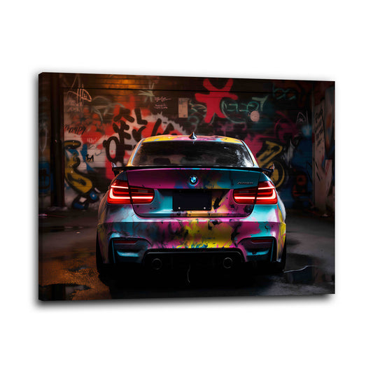 BMW Sportwagen Graffiti Street Art Farbexplosion Wandbild