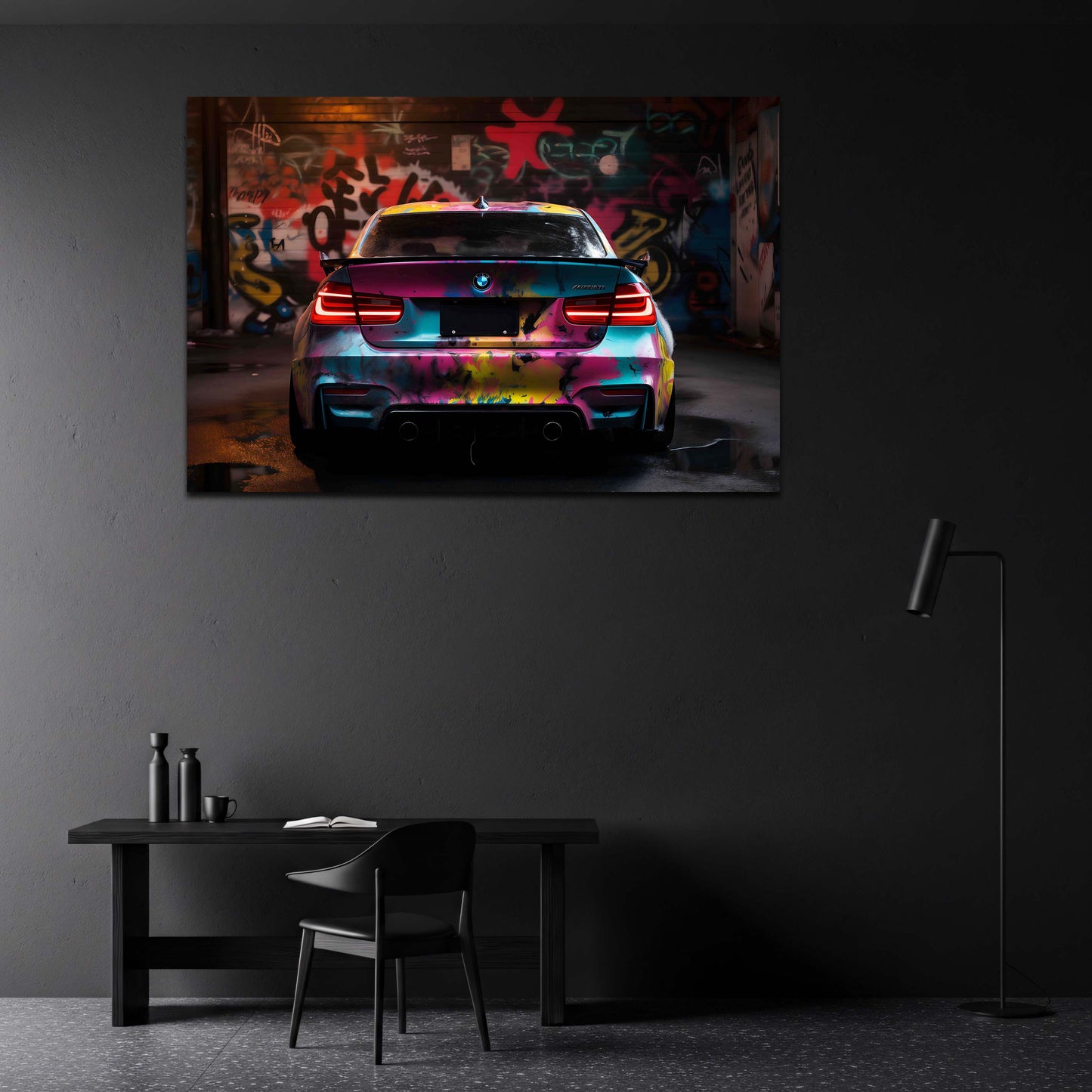 BMW Sportwagen Graffiti Street Art Farbexplosion Wandbild