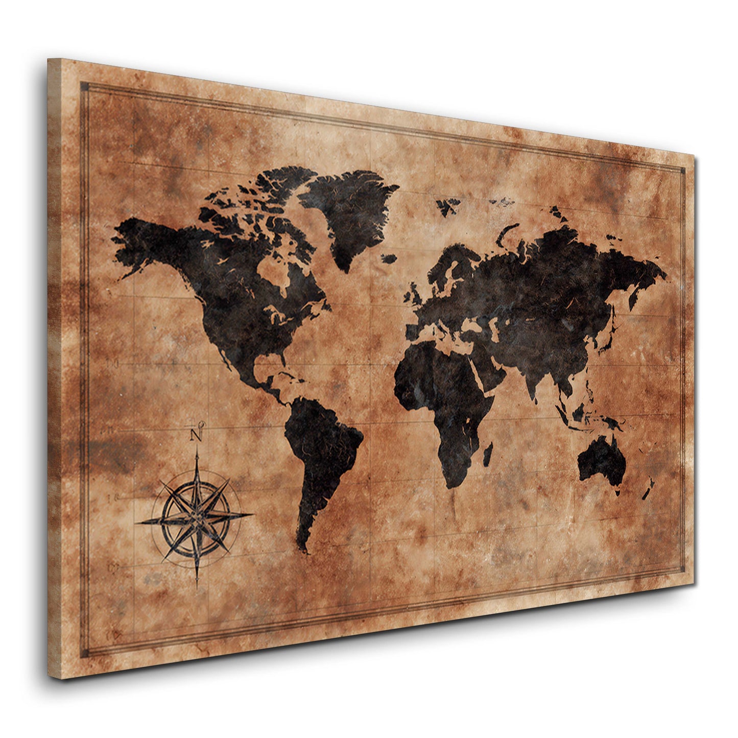 Braune Weltkarte im antiken Vintage-Stil Kompass Wandbild