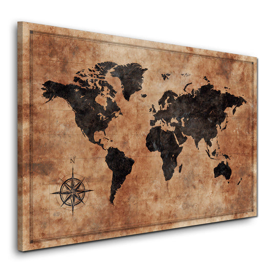 Braune Weltkarte im antiken Vintage-Stil Kompass Wandbild