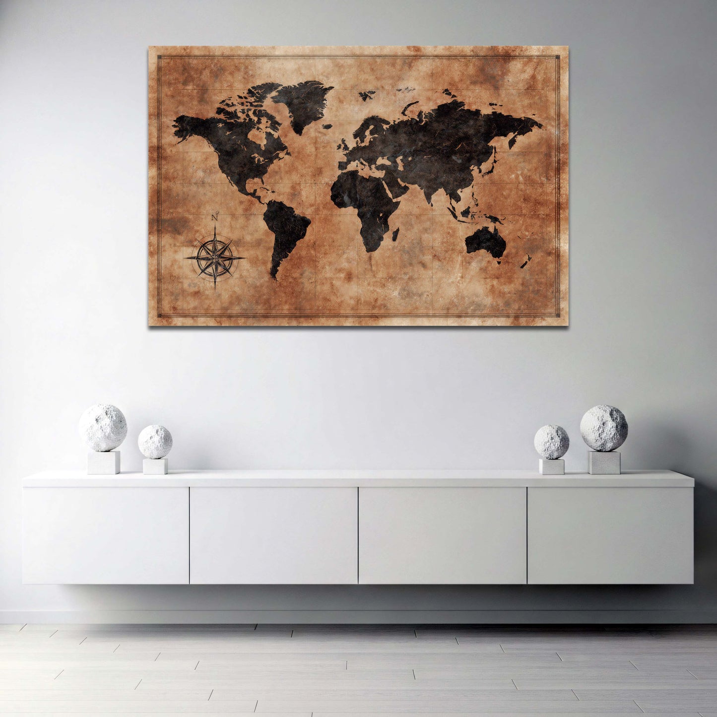 Braune Weltkarte im antiken Vintage-Stil Kompass Wandbild