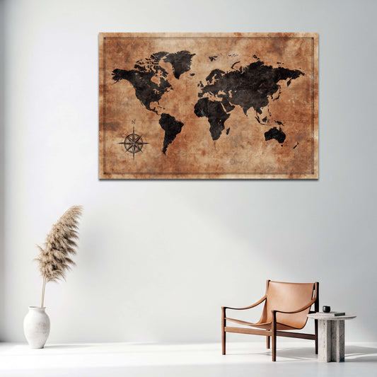 Braune Weltkarte im antiken Vintage-Stil Kompass Wandbild