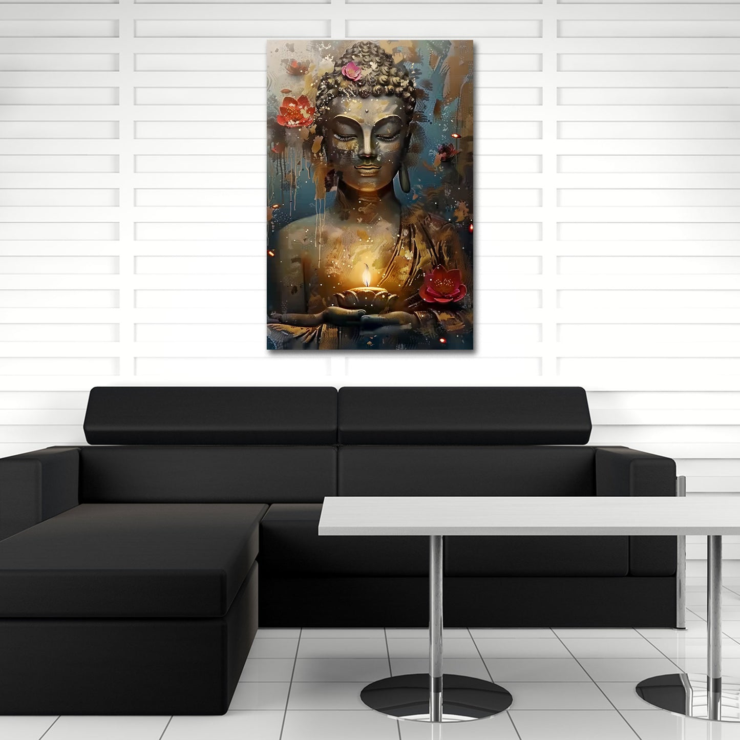 Buddha Statue Meditation Kerze Lotusblüten goldene Ruhe Wandbild