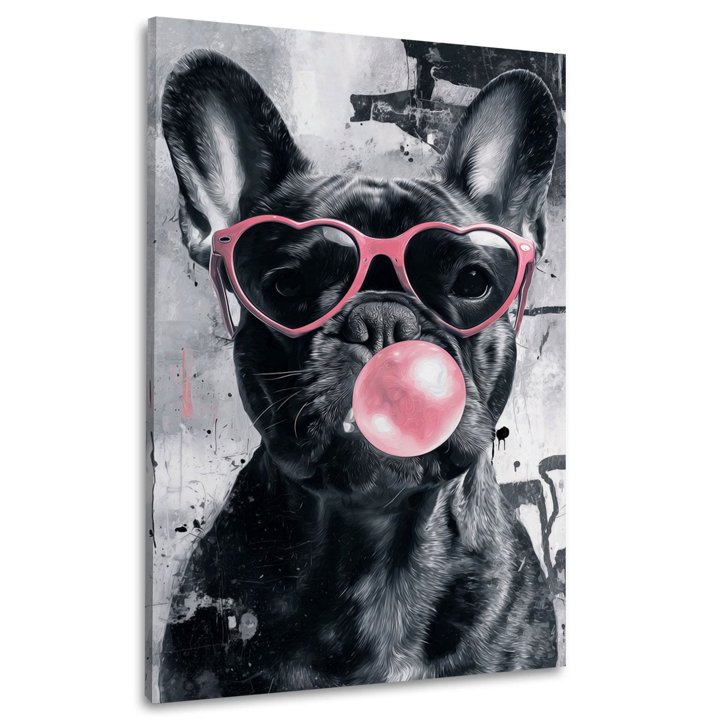 Bulldogge mit Herzbrille und Kaugummi Graffiti Wandbild