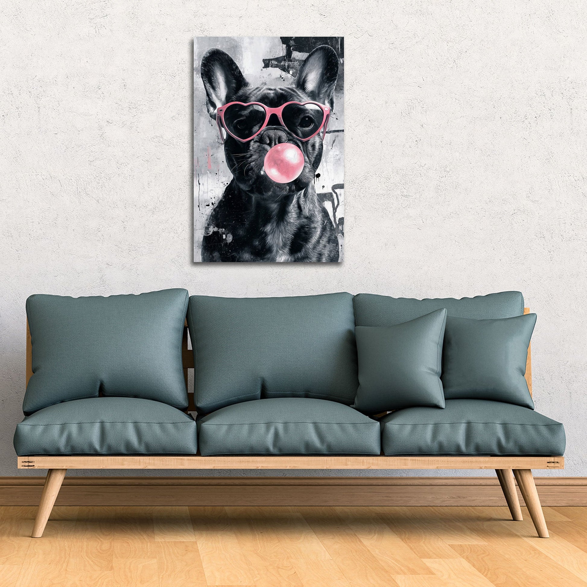 Bulldogge mit Herzbrille und Kaugummi Graffiti Wandbild