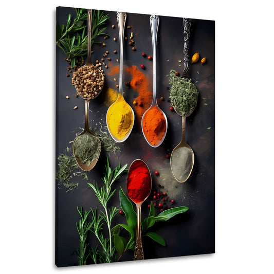 Bunte Gewürzmischung Kräuter Löffel Küche Wandbild