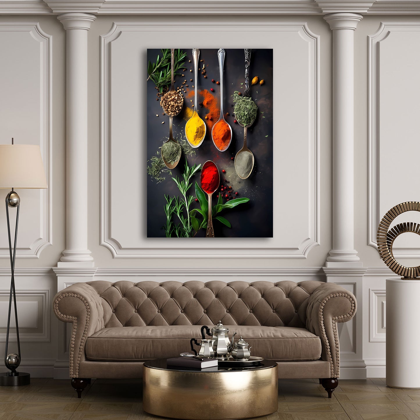 Bunte Gewürzmischung Kräuter Löffel Küche Wandbild