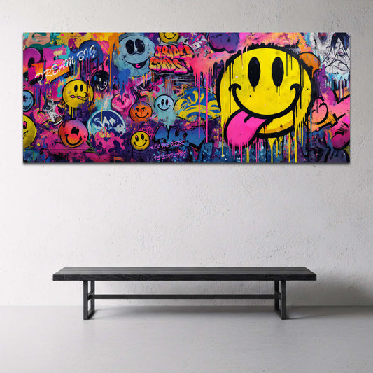Bunte Emoji Faces auf Graffiti Wand Panorama Wandbild