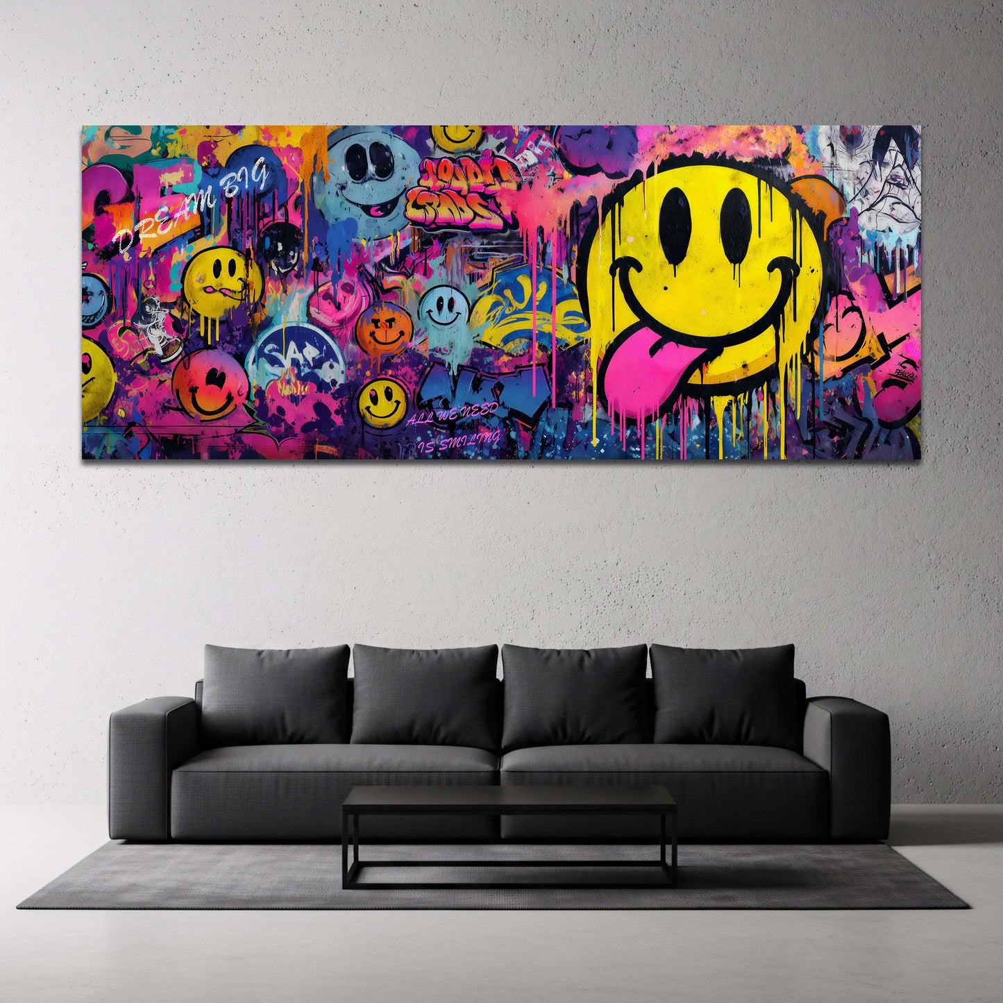 Bunte Smiley Faces auf Graffiti Wand Panorama Wandbild