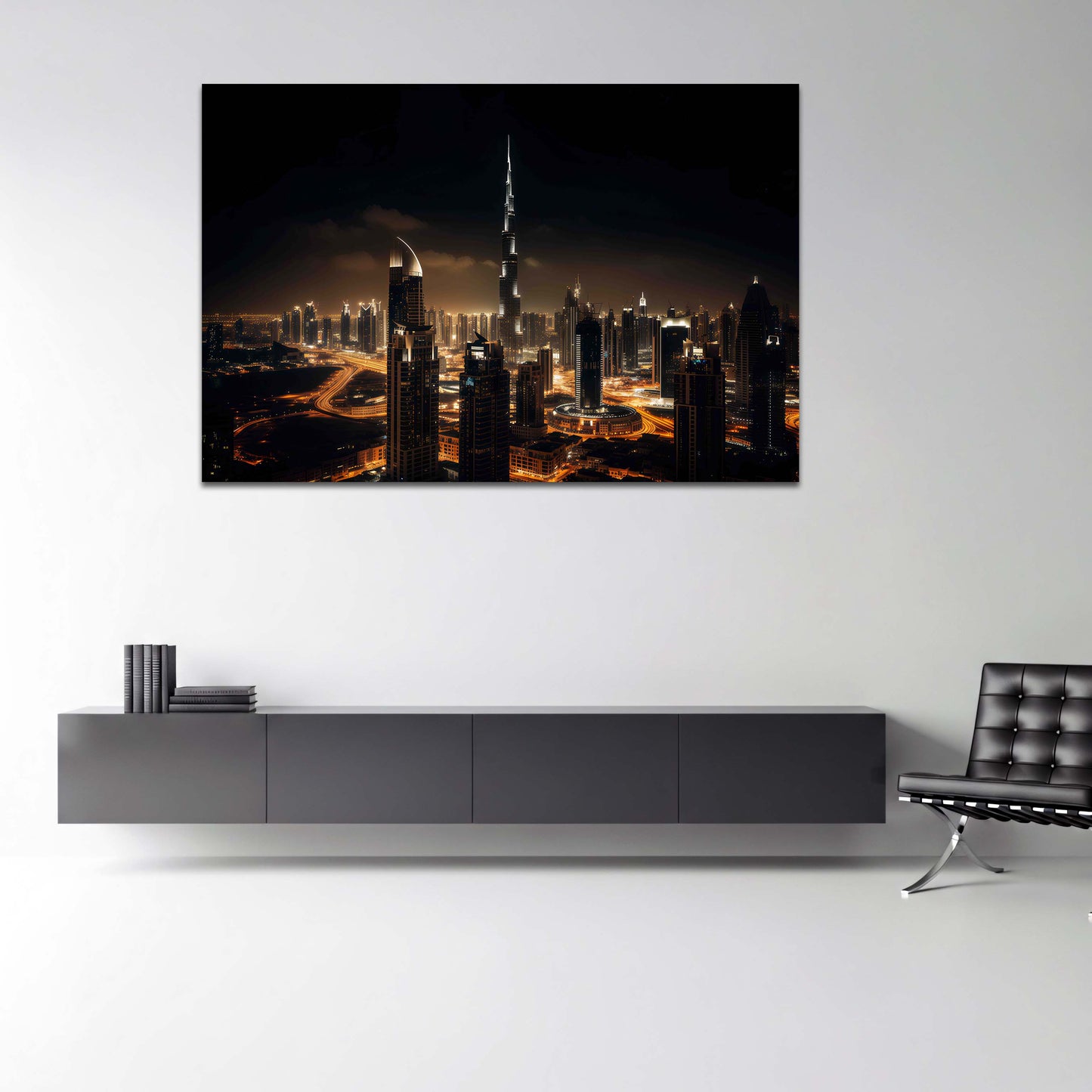 Burj Khalifa Dubai Nachtlichter der Skyline Panorama Wandbild