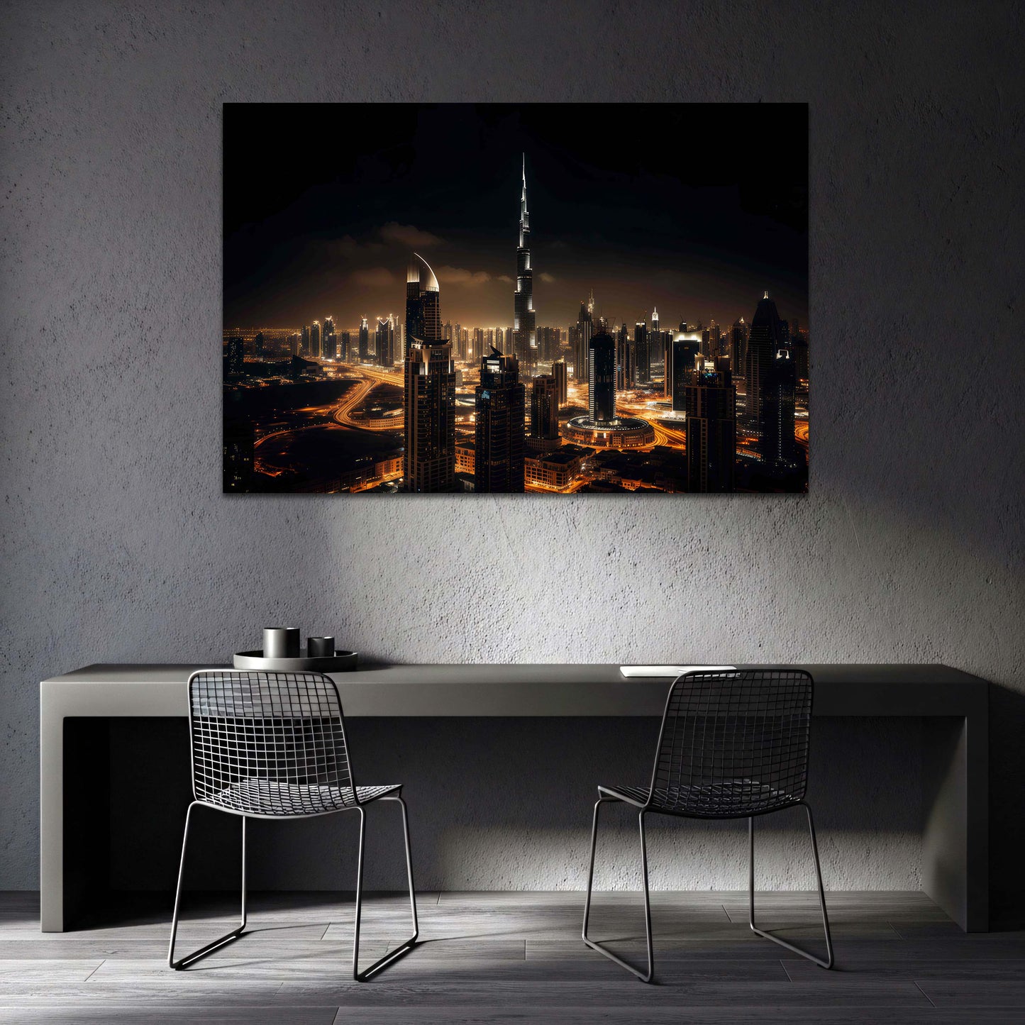 Burj Khalifa Dubai Nachtlichter der Skyline Panorama Wandbild