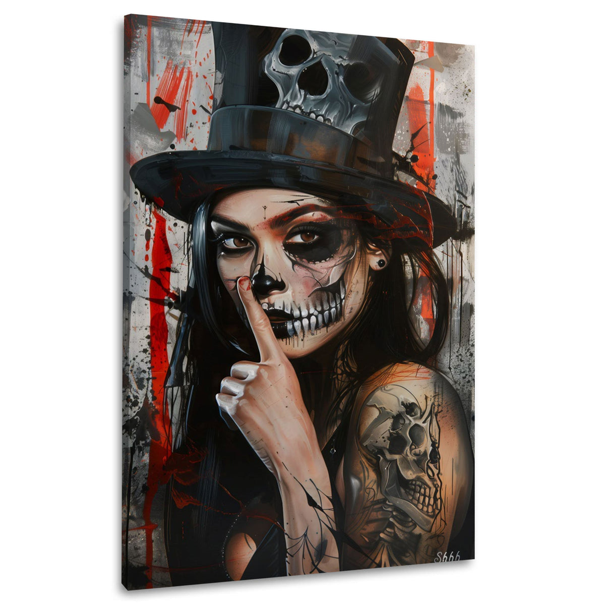 Catrina Frau mit Totenkopf Hut und Tattoos Wandbild