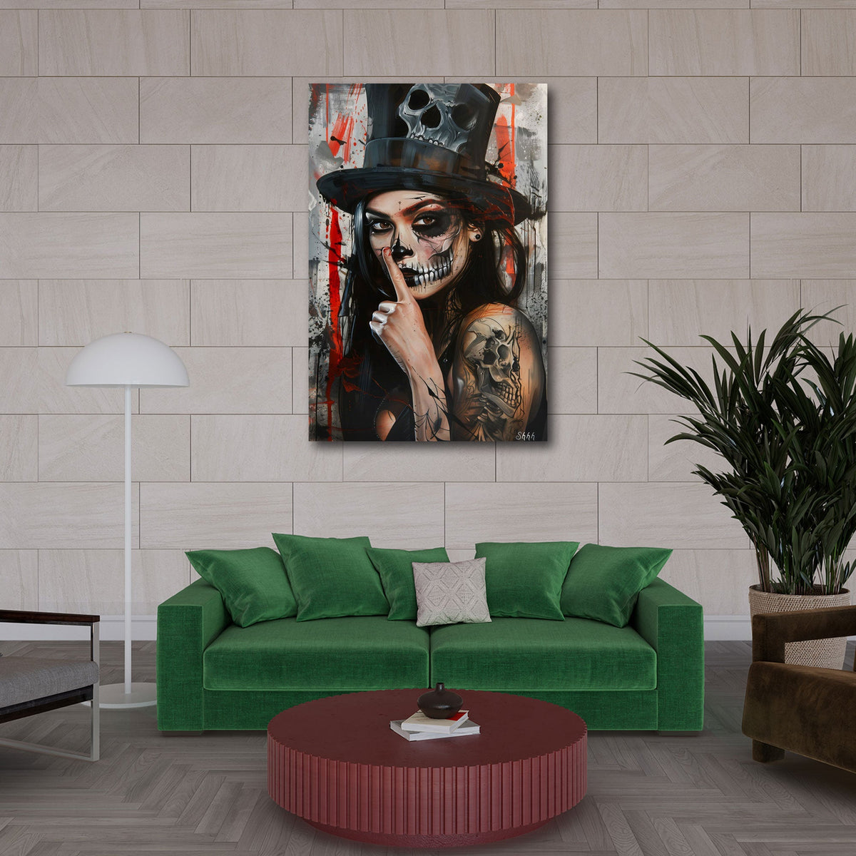 Catrina Frau mit Totenkopf Hut und Tattoos Wandbild