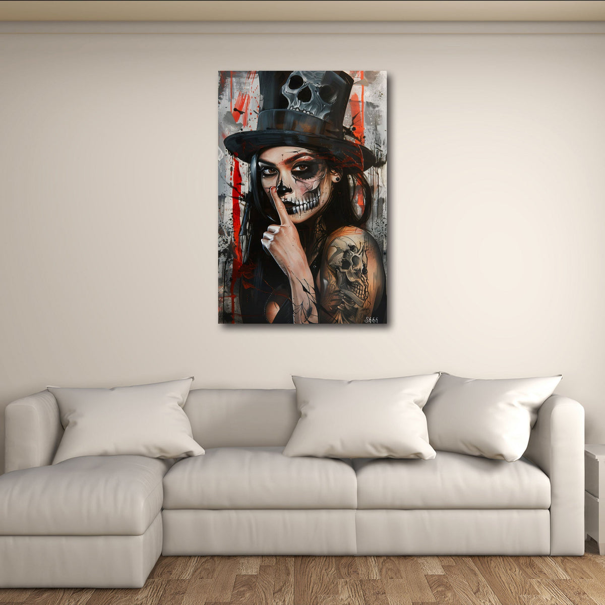 Catrina Frau mit Totenkopf Hut und Tattoos Wandbild
