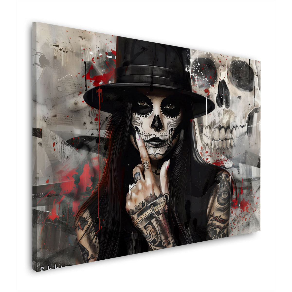 Catrina mit Zylinder und Totenkopf im Hintergrund Wandbild