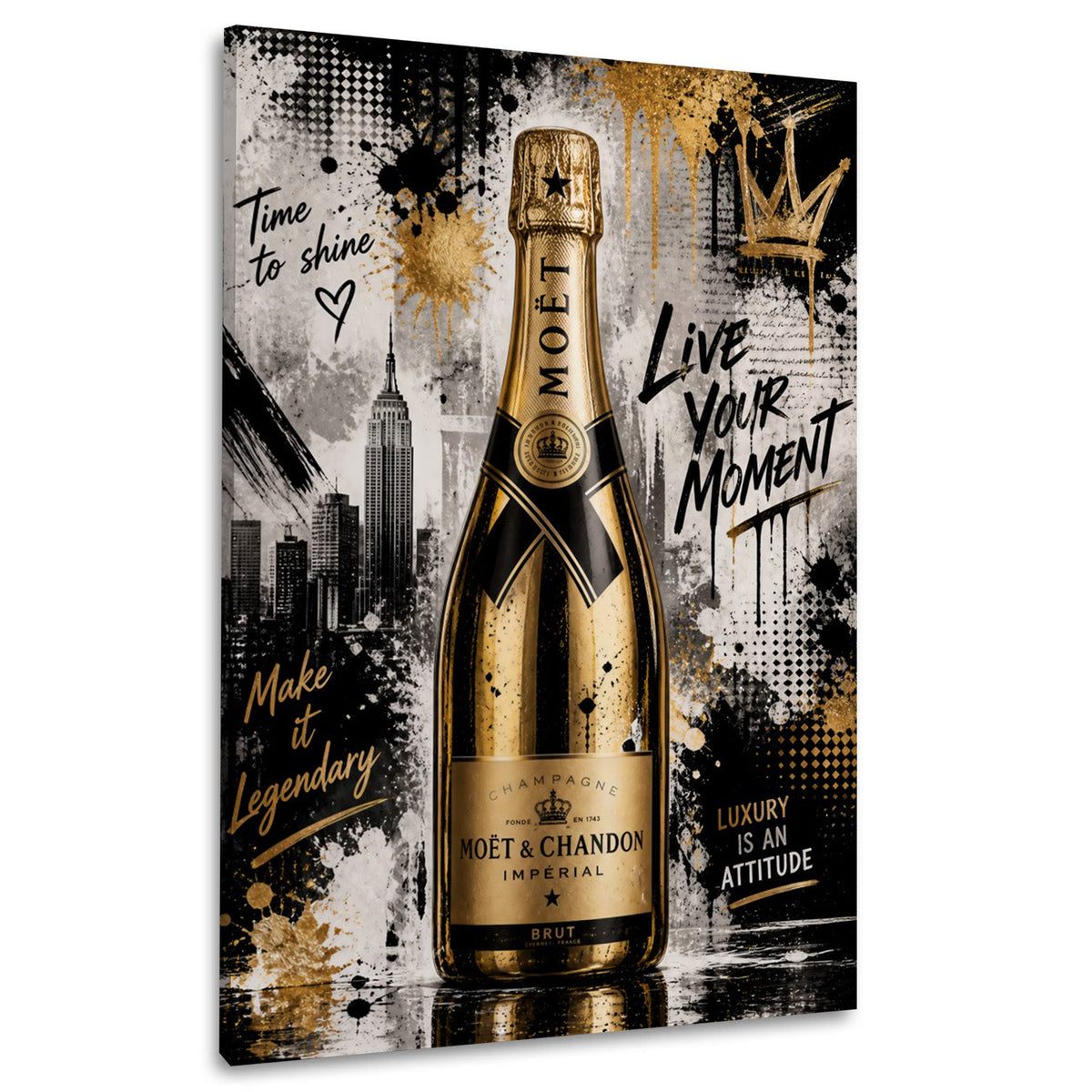 Champagnerflasche in Gold mit Live your Moment Wandbild
