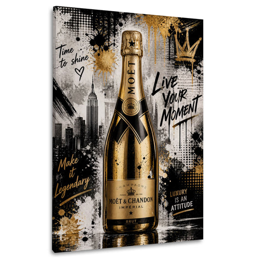 Champagnerflasche in Gold mit Live your Moment Wandbild